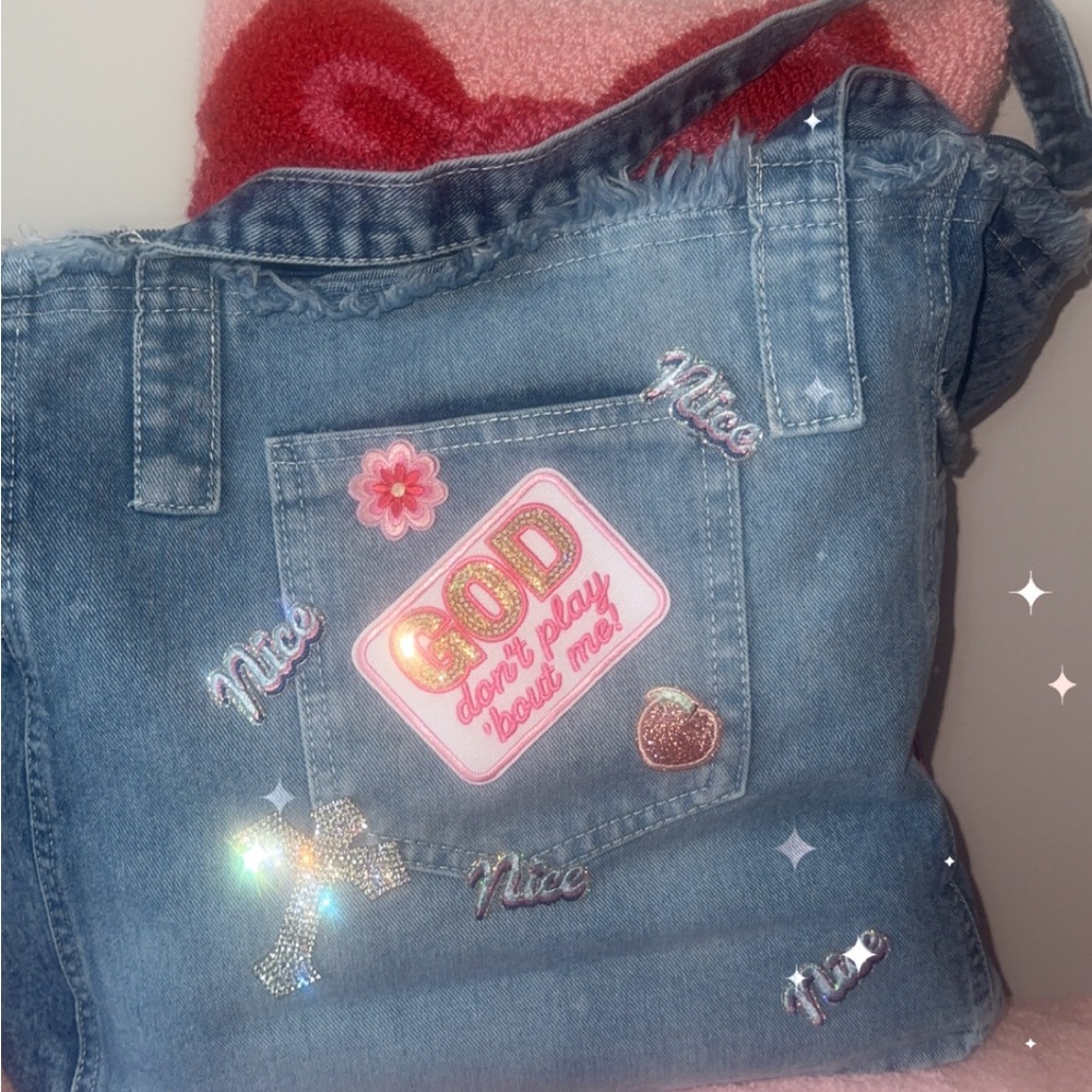 Denim Tote with Notebook & Pink Sequin Sneaker Patch - Picture 5 of 9
